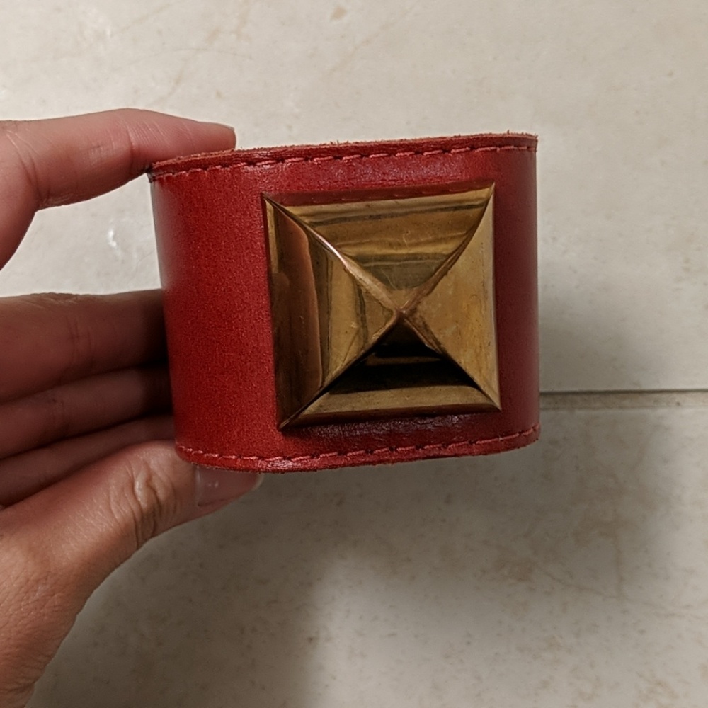 CC Skye red leather studded turnlock bracelet cuff